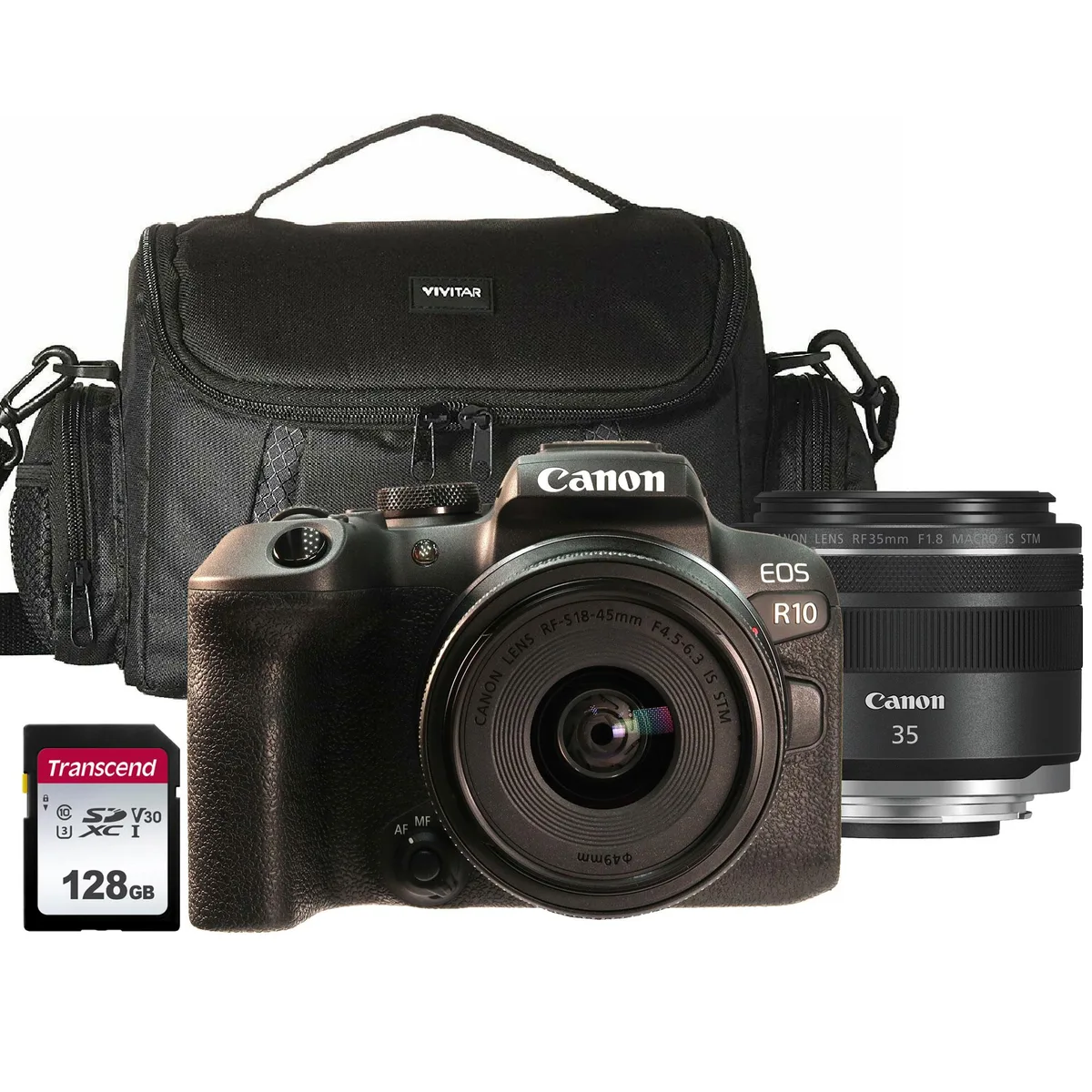Canon Canon EOS R10 24.2MP Mirrorless Camera with 18-45mm, RF 35mm f/1.8 Macro, 128GB Card & Bag — product photo