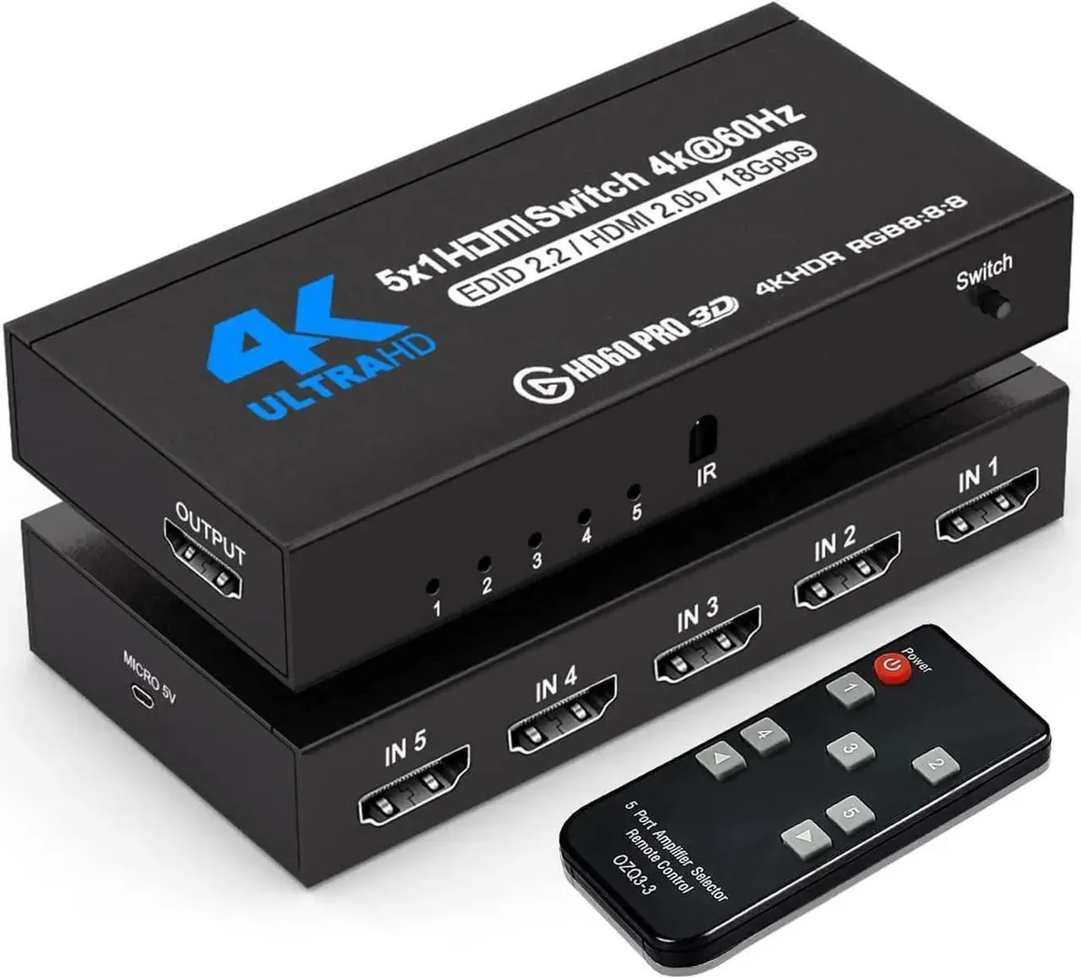 Vszerda Vszerda HDMI 2.0 Switch 5 in 1 Out 4K@60Hz Remote Black OZQ3-4 — product photo