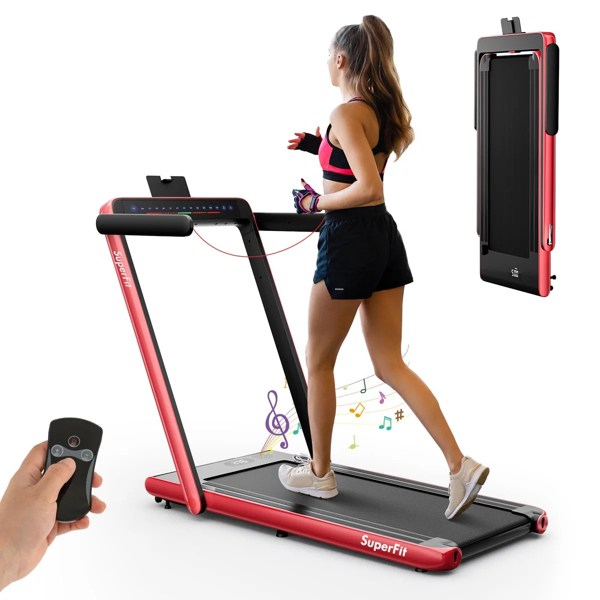 Red folding treadmill with dual LED display, handrail folded flat, side wheels visible