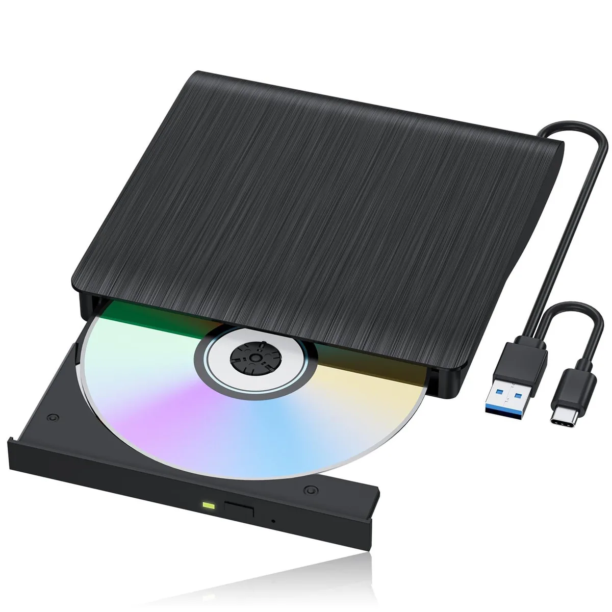 Slim external Blu-ray drive with brushed finish and built-in USB-A and USB-C cables