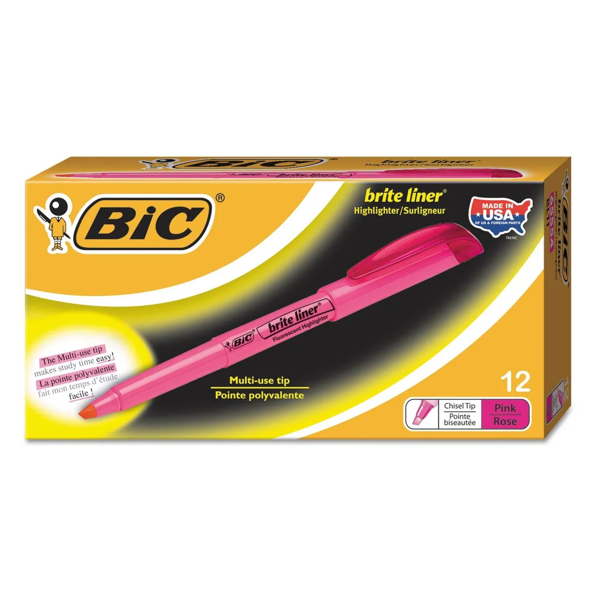  BIC Brite Liner Grip Fluorescent Highlighter Chisel Tip Pink 12 Pack — product photo