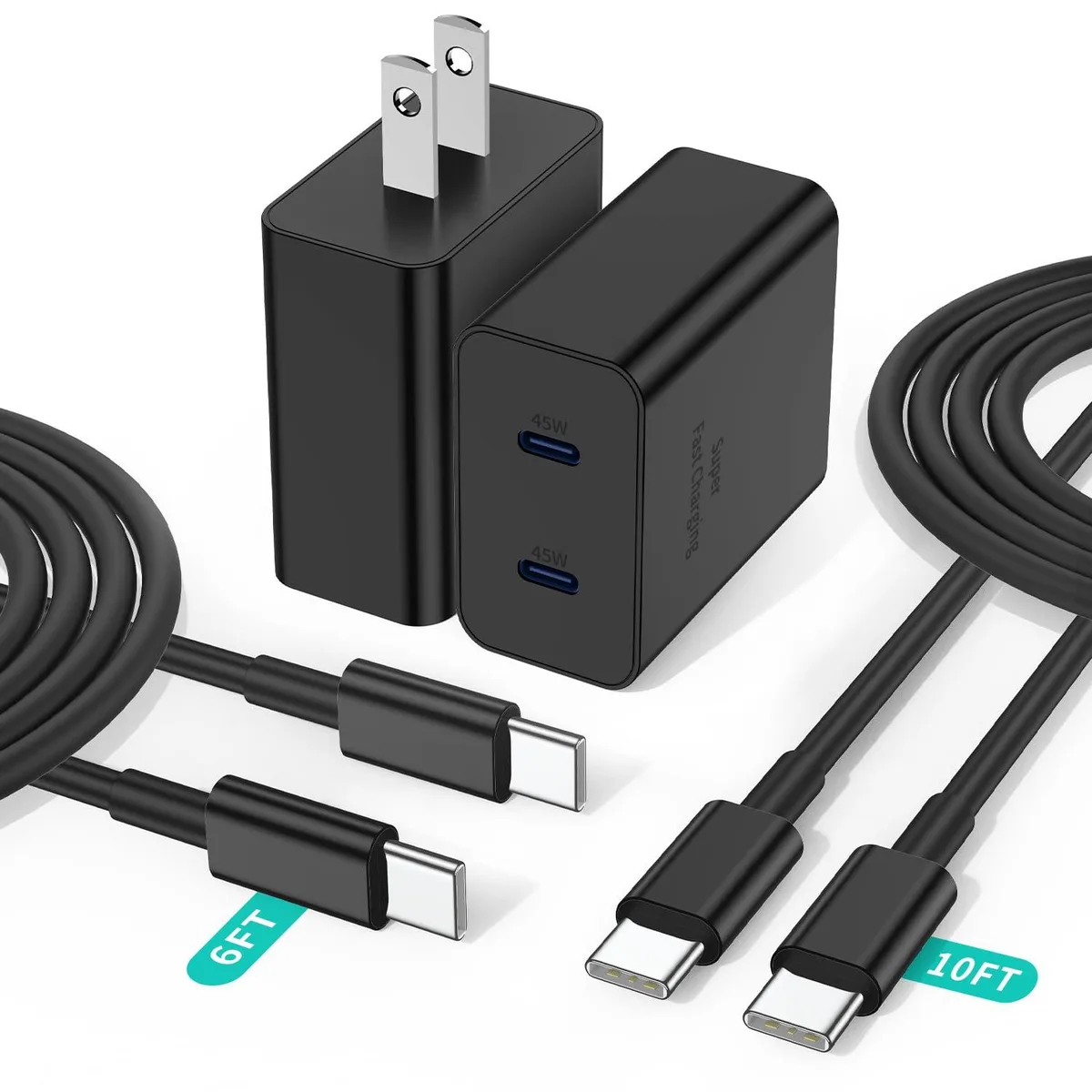 White rectangular charger with two USB-C ports and a long coiled cable