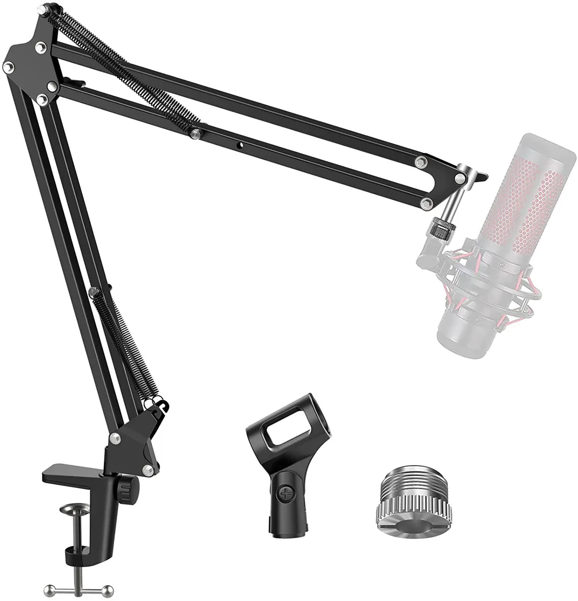 Black foldable microphone boom arm with desk clamp and clip
