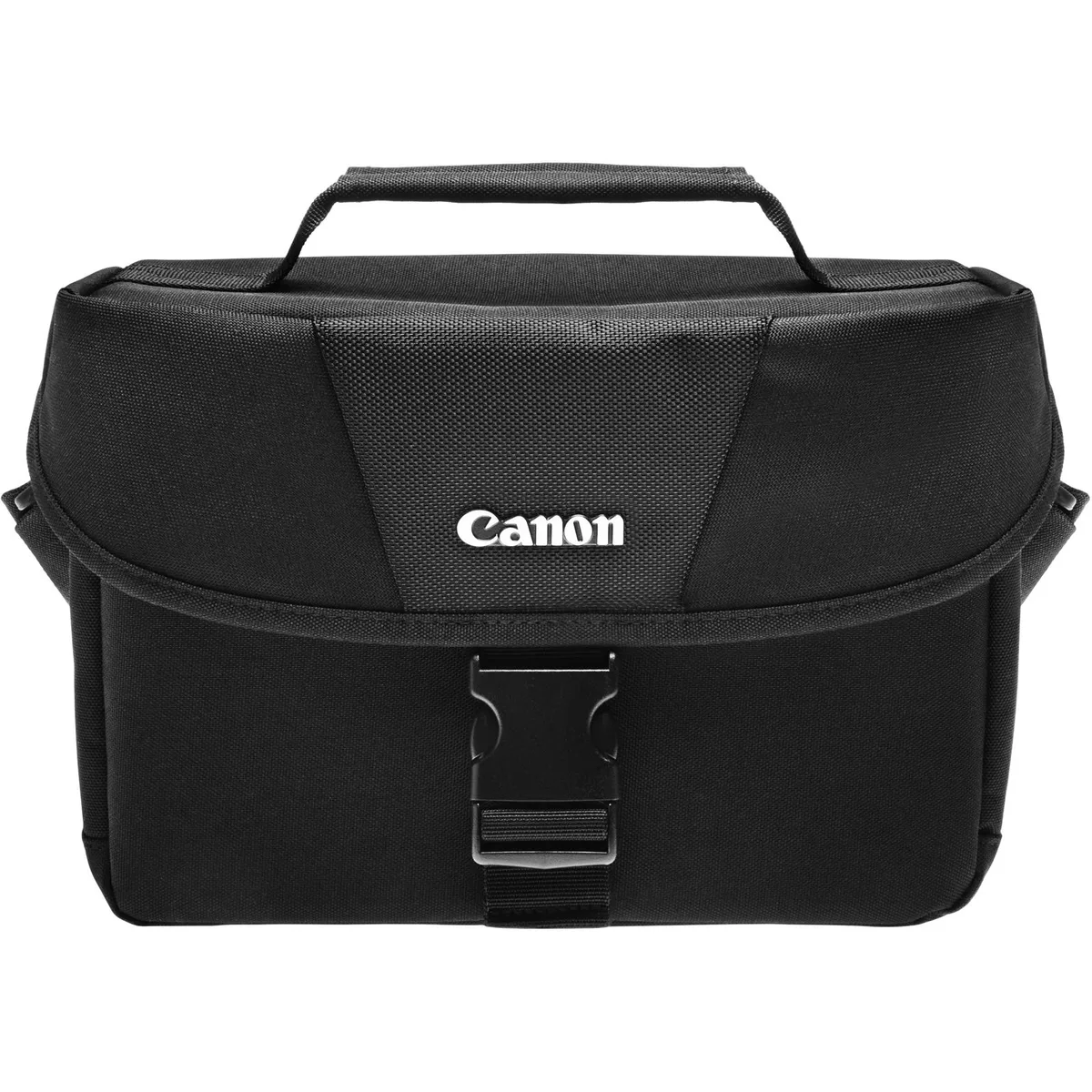 Black nylon shoulder bag with adjustable strap and quick-release buckle, compact rectangular shape, weather flap covering top zipper