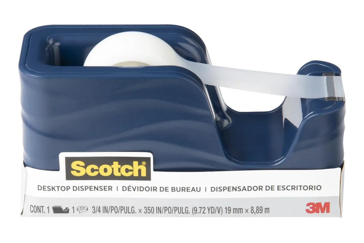 Navy desktop tape dispenser with weighted base and wave-textured recycled plastic finish