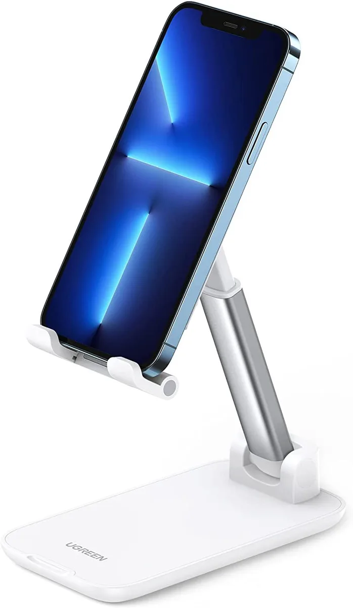 White foldable phone stand with adjustable aluminium arm and weighted base