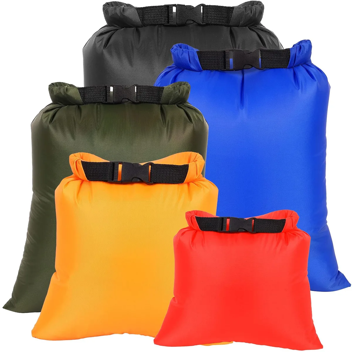 Five coloured ultralight ripstop dry bags with roll-top closure