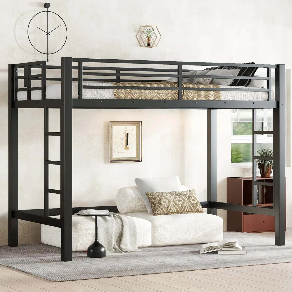 Black metal loft bed frame with dual ladders and guardrails, open space underneath