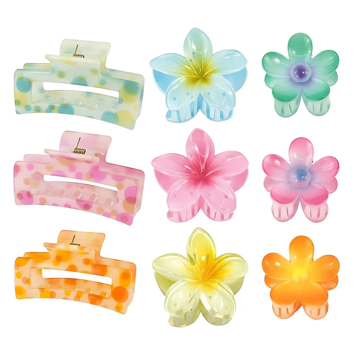 Nine claw clips, six flowers and three squares, bright acrylic colours, in a gift box