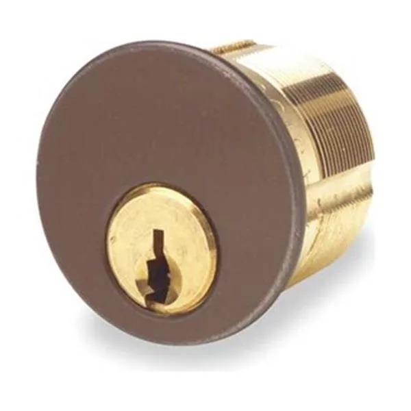 Two brass mortise cylinders with brown finish, keyed alike, packaged together