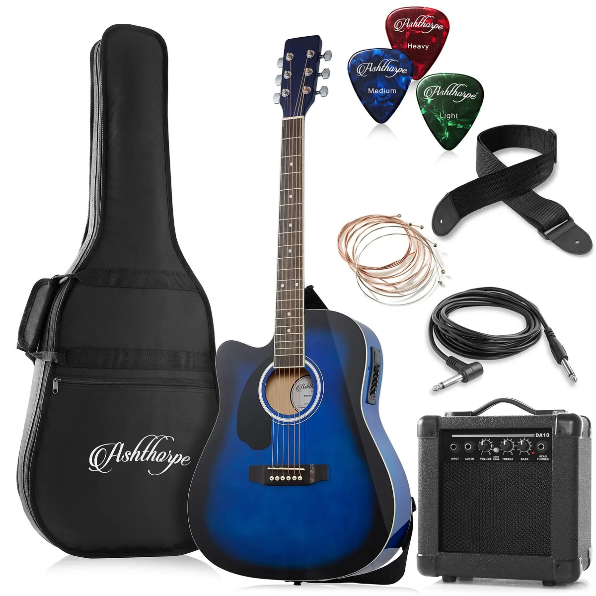 Ashthorpe Ashthorpe Left-Handed 41" Dreadnought Cutaway Acoustic-Electric Guitar Package with 10W Amp Blue — product photo