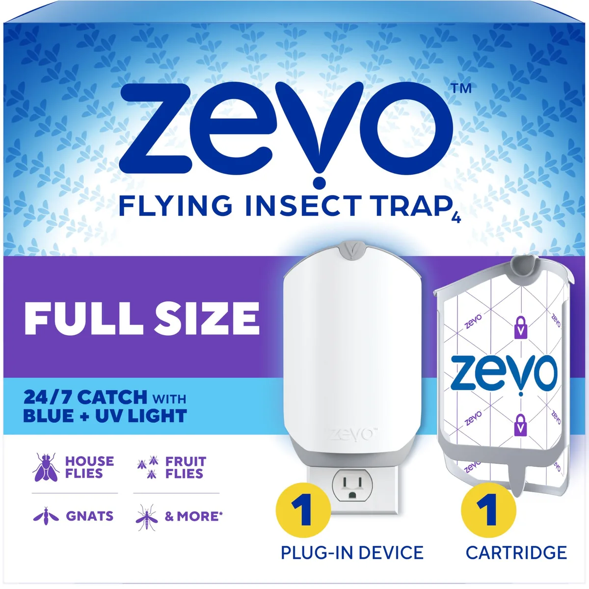 White plug-in insect trap with blue UV light and cartridge, compact rectangular shape, smooth matte finish