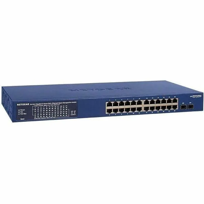 Netgear 26-port PoE Gigabit smart switch, matte black metal chassis with front port LEDs