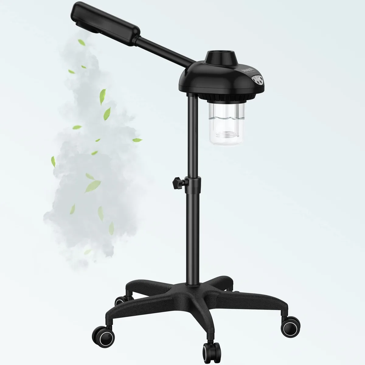 Black wheeled facial steamer with adjustable pole and five-leg base