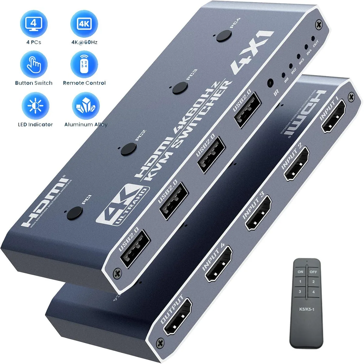 WRIARICH WRIARICH 4-Port HDMI KVM Switch 4K@60Hz with 4 Cables &amp; Remote — product photo