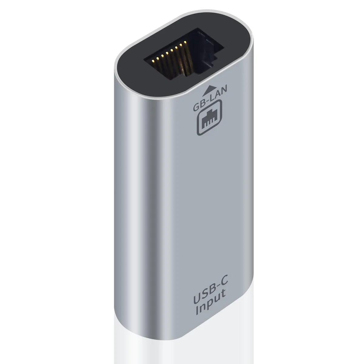 Small rectangular aluminium USB-C to RJ45 network adapter