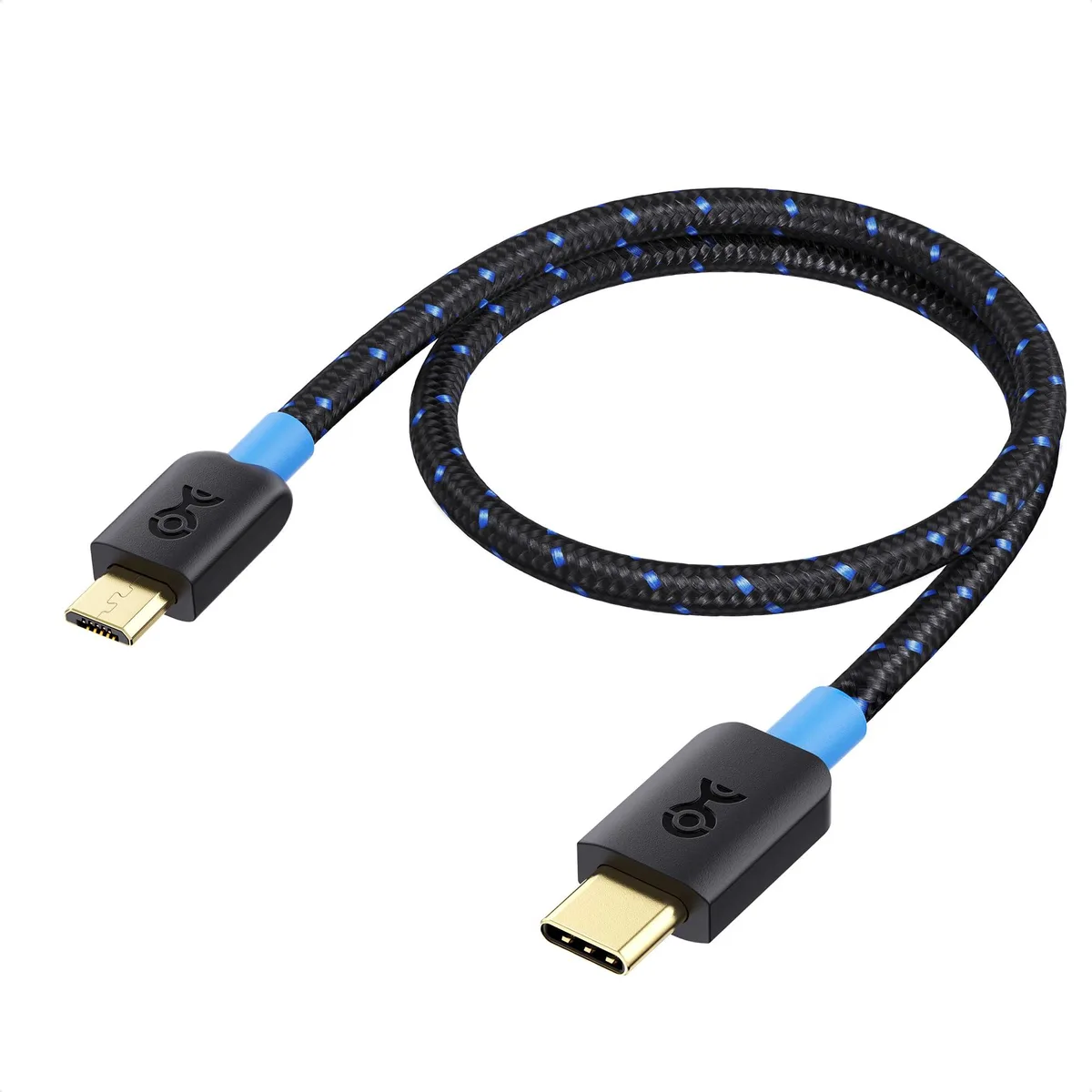 Short braided USB-C to Micro USB cable in black, one foot long