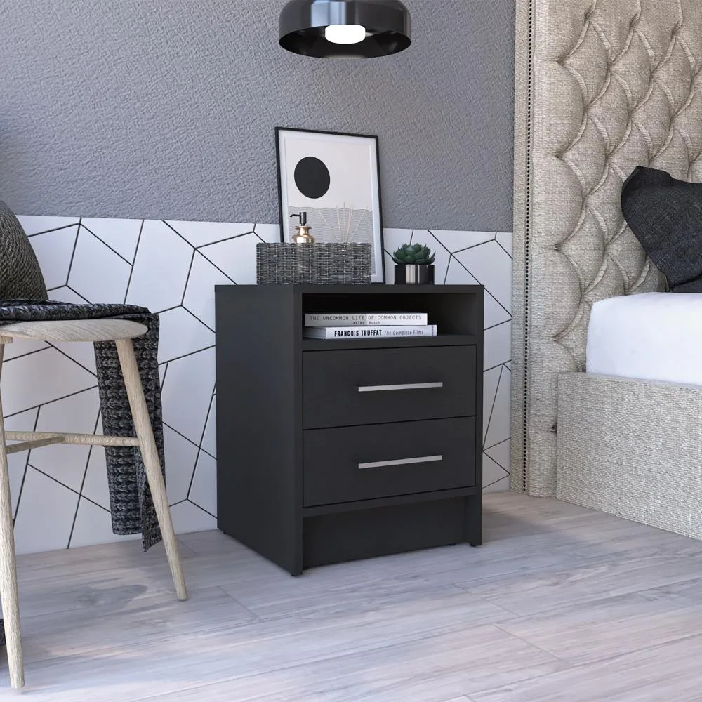 Black nightstand 19.9 inches high with open shelf and two drawers metal handles