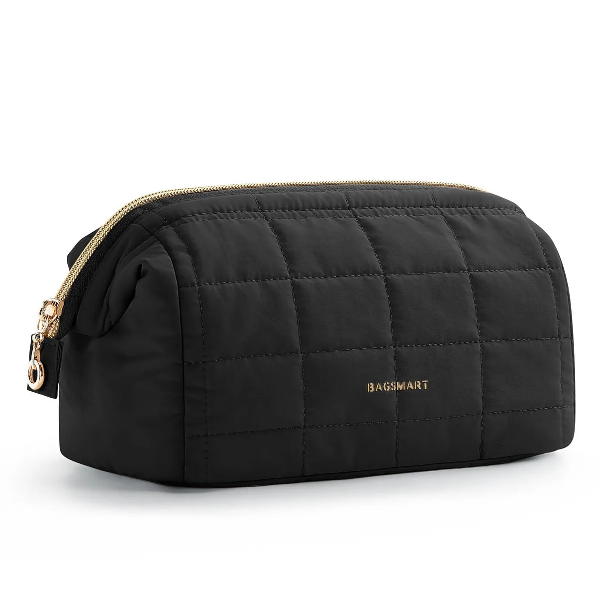 Black rectangular toiletry bag with wide zip opening and soft fabric finish
