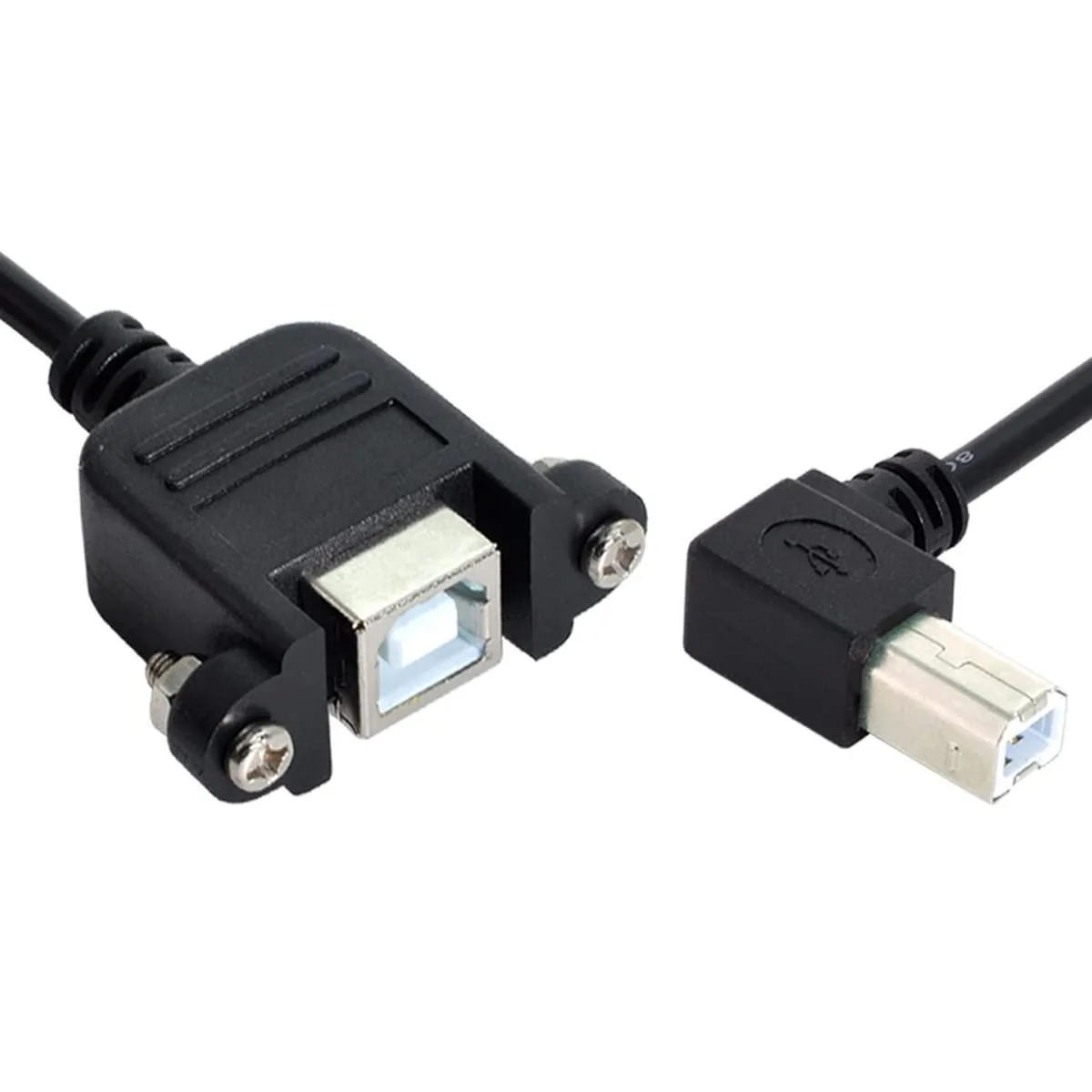 Black USB 2.0 Type-B male to panel-mount female right-angled cable 50cm with screws