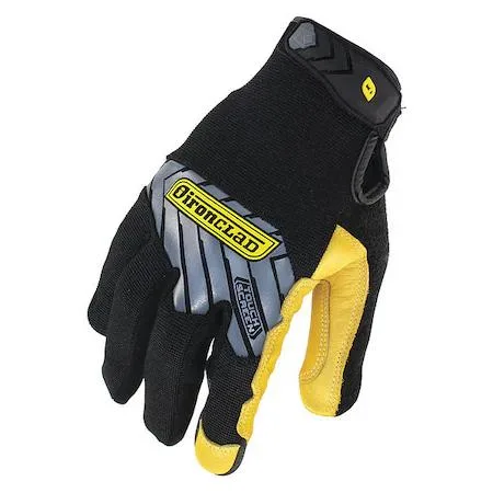 Black and yellow mechanics gloves with neoprene knuckle protection, goatskin palm, slip-on cuff, touchscreen compatible