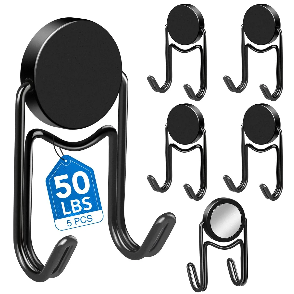 Five silver magnetic hooks with dual curved arms on a flat base