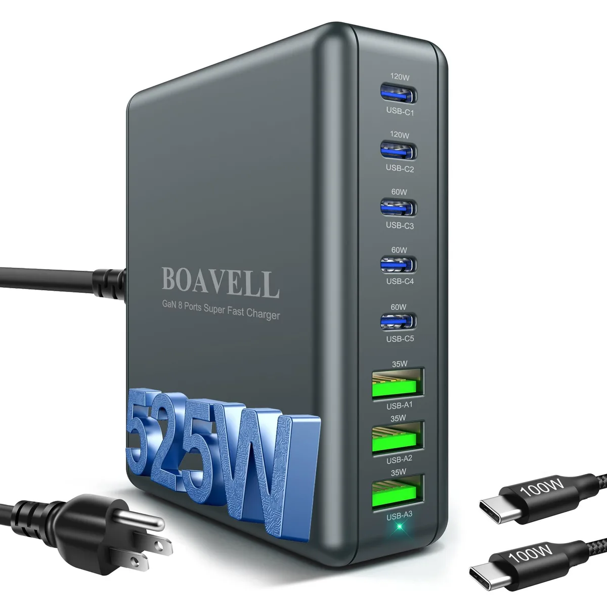BOAVELL MST-05C3A 8-port GaN USB charger dual 100W USB-C 5 USB-C 3 USB-A 20V 1.8A 240V — product photo
