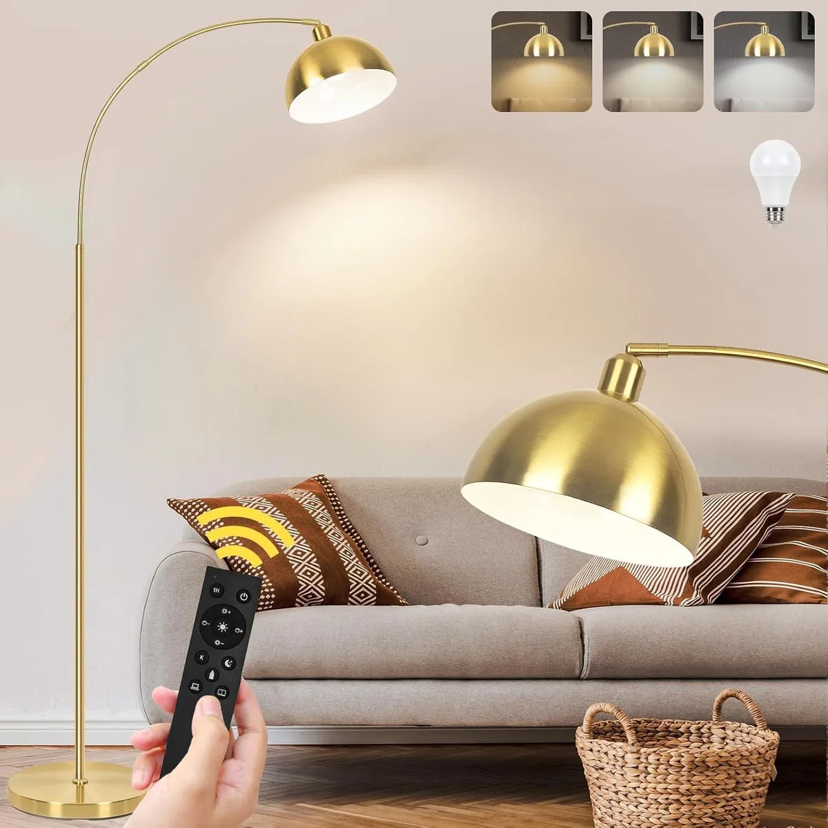 Tall gold arc floor lamp with curved arm and remote control