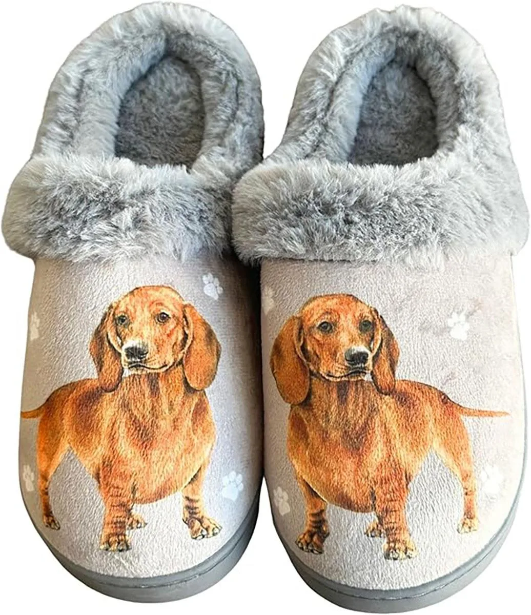 Red dachshund plush slippers with fuzzy lining and rubber sole