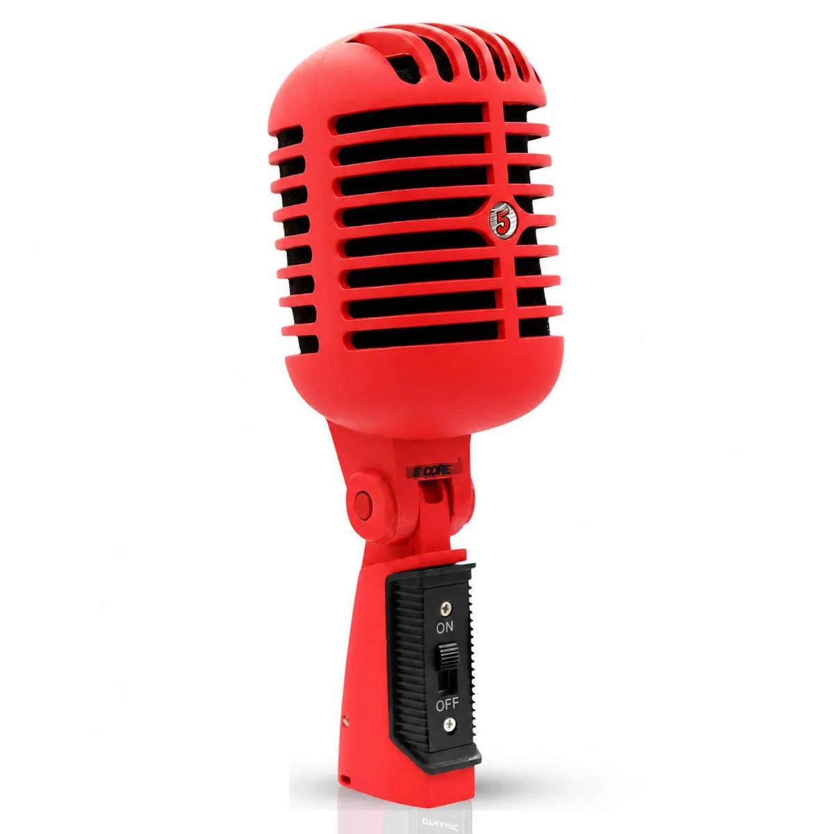 Red vintage-style dynamic microphone with chrome grille and XLR connector