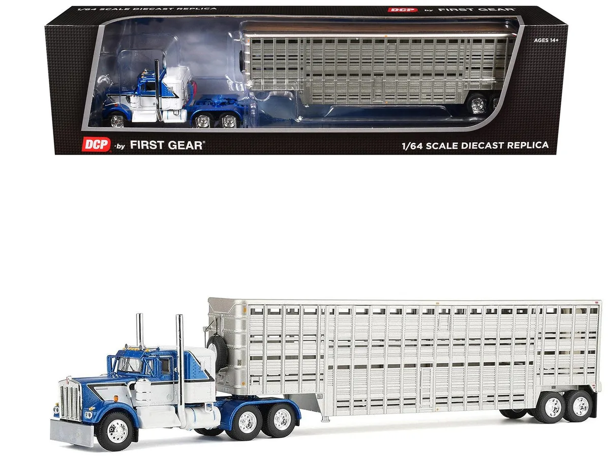 First Gear First Gear Kenworth W900A 36" Sleeper 45' Wilson Livestock Trailer Blue White 1/64 Diecast — product photo