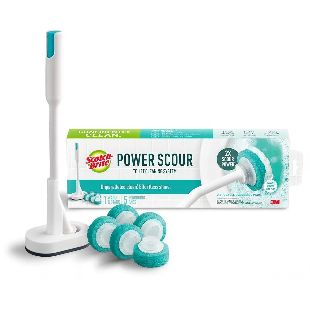 White plastic toilet wand with caddy and five disposable scrub pads