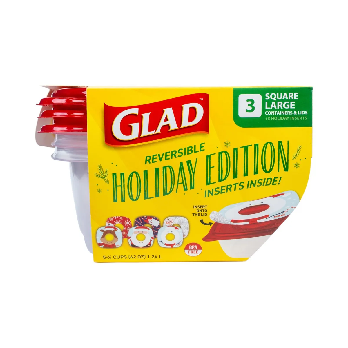 Three red square containers with reversible holiday gift tag lids