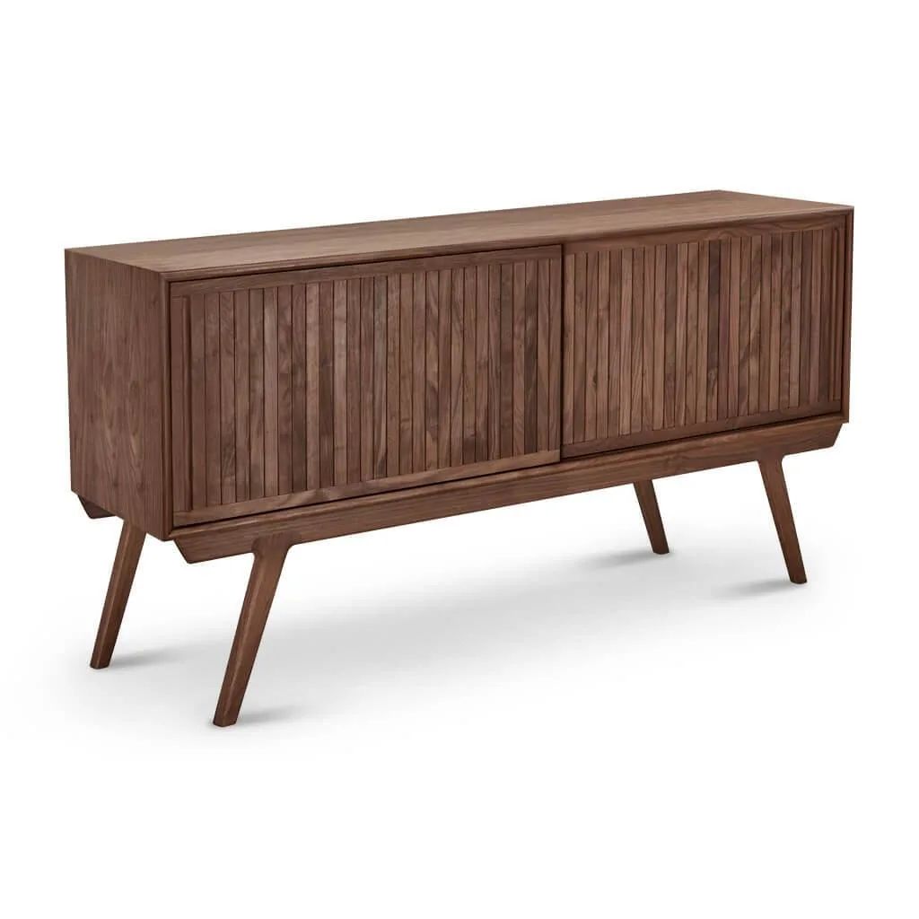 Low walnut media cabinet with two sliding veneer doors and angled legs