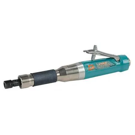 Silver straight pneumatic die grinder with safety-lock throttle lever and multiple collet inserts