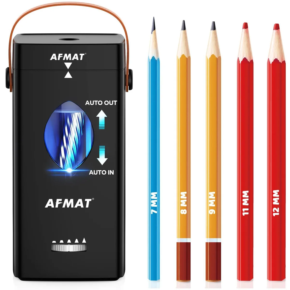Black cylindrical electric pencil sharpener with ABS housing and stainless steel blade, rechargeable battery powered