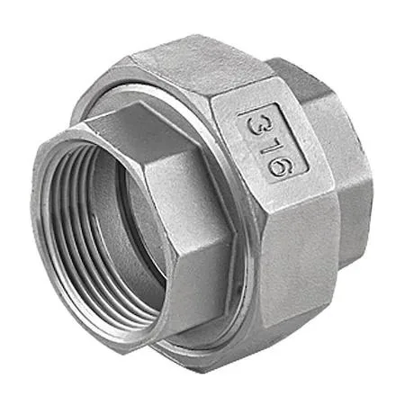 Small cylindrical stainless steel union with threaded female ends