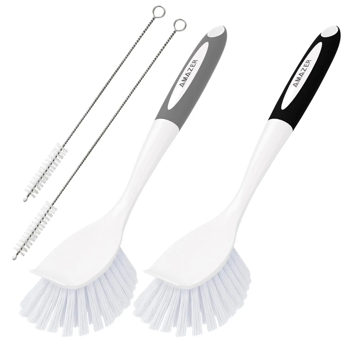 Four dish brushes with scrapers and two long straw brushes in mixed colours