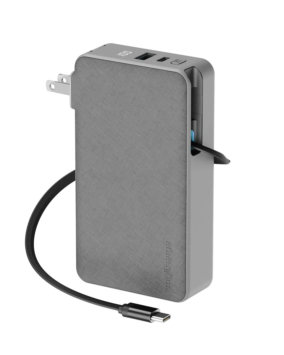 MyCharge ARP10SF-A 10000mAh power bank 30W PD 28" retractable USB-C cable built-in wall plug — product photo