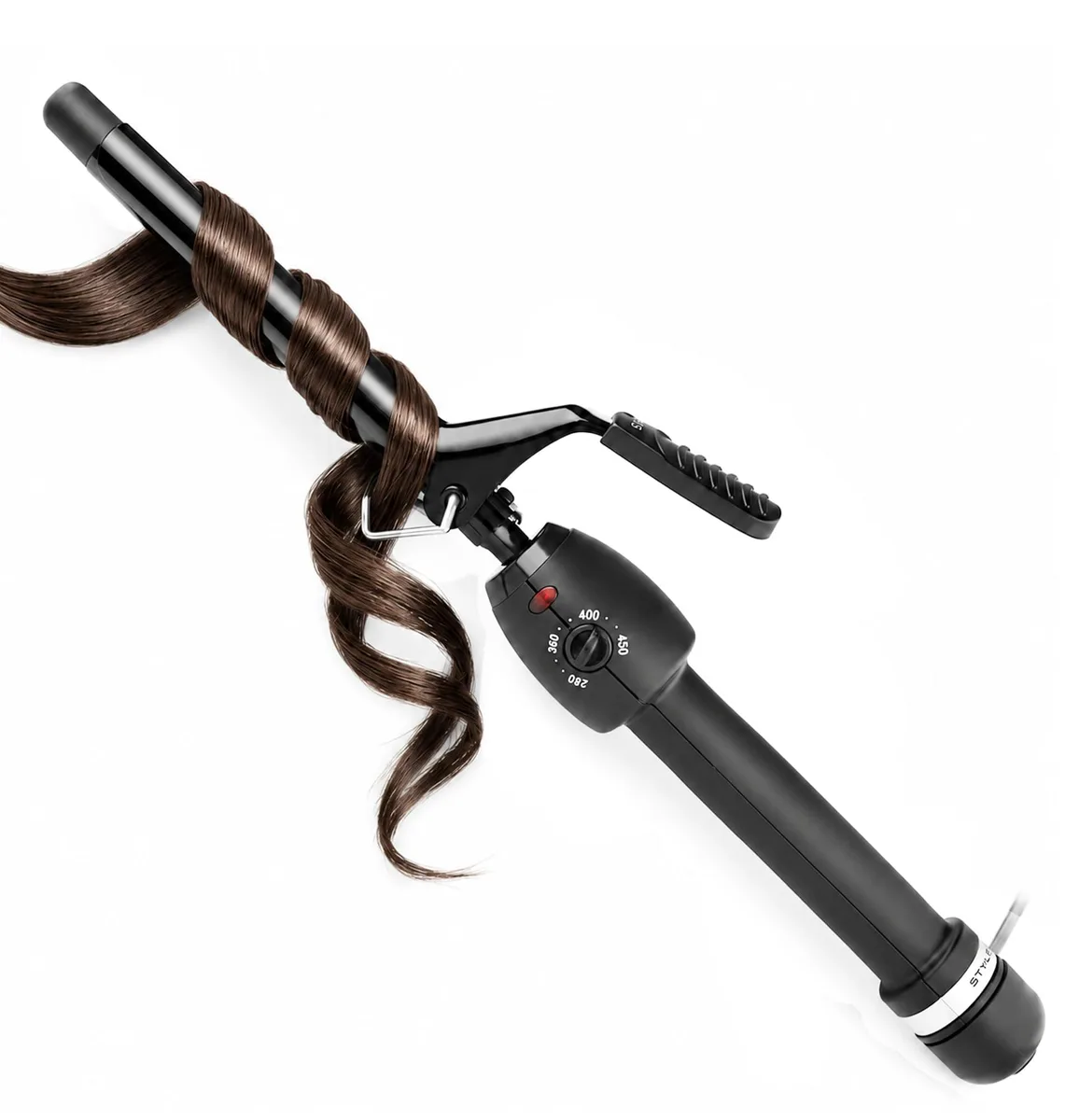 Slim black and gold ceramic curling iron with thin barrel and temperature dial