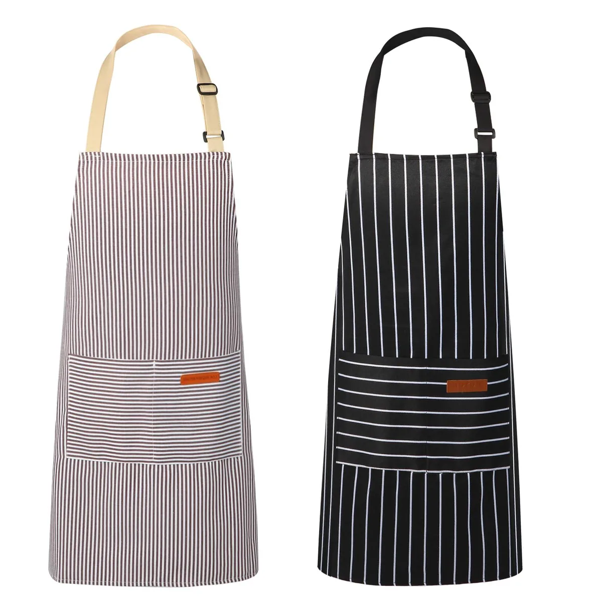Two striped cotton-polyester aprons with front pockets and adjustable straps