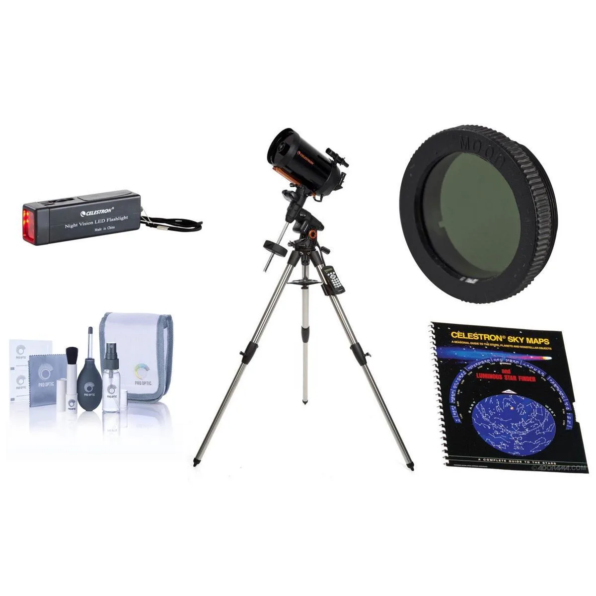 Schmidt-Cassegrain telescope on equatorial mount with tripod and accessories