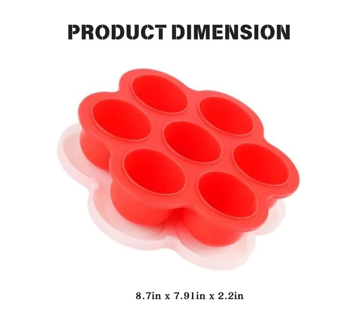 Pale silicone egg bite tray with seven round cups and a matching snap-on lid