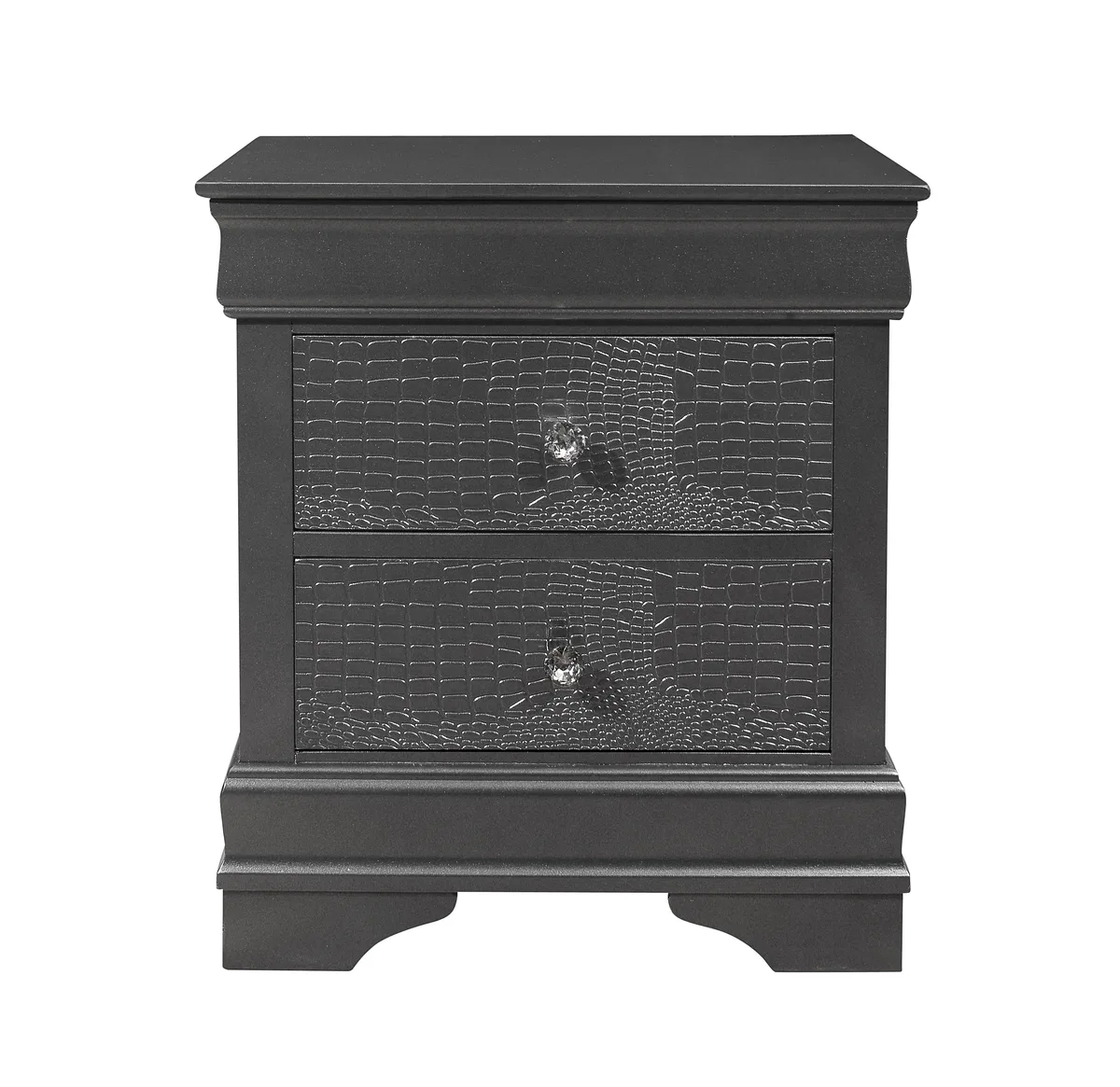 Metallic grey nightstand with textured drawer fronts, crystal hardware and tapered legs