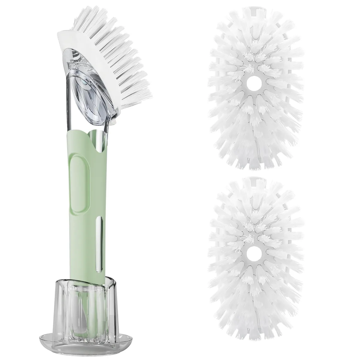 Green soap-dispensing dish brush with handle, two refill heads and drip-catch holder