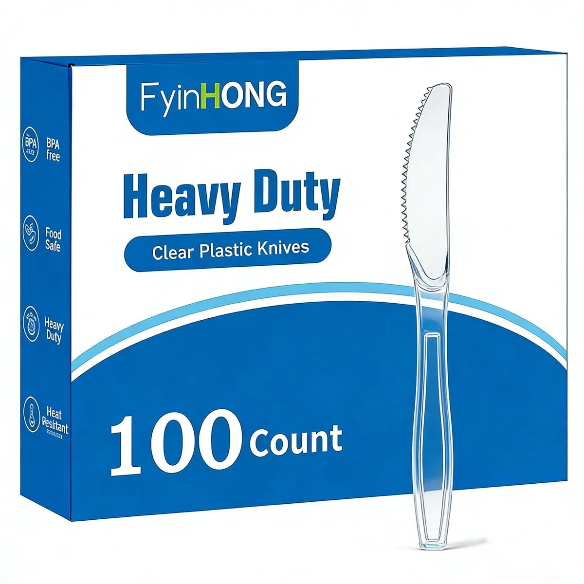 A bulk pack of 100 clear disposable plastic knives