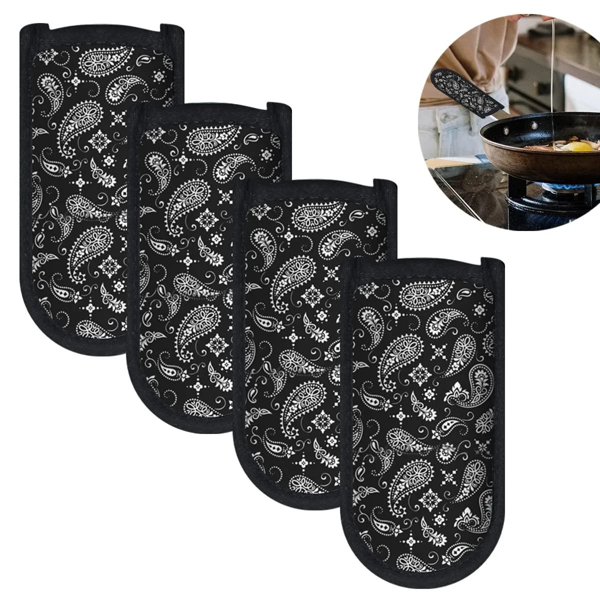 Four black fabric handle covers with hanging loops, 8 by 15 cm