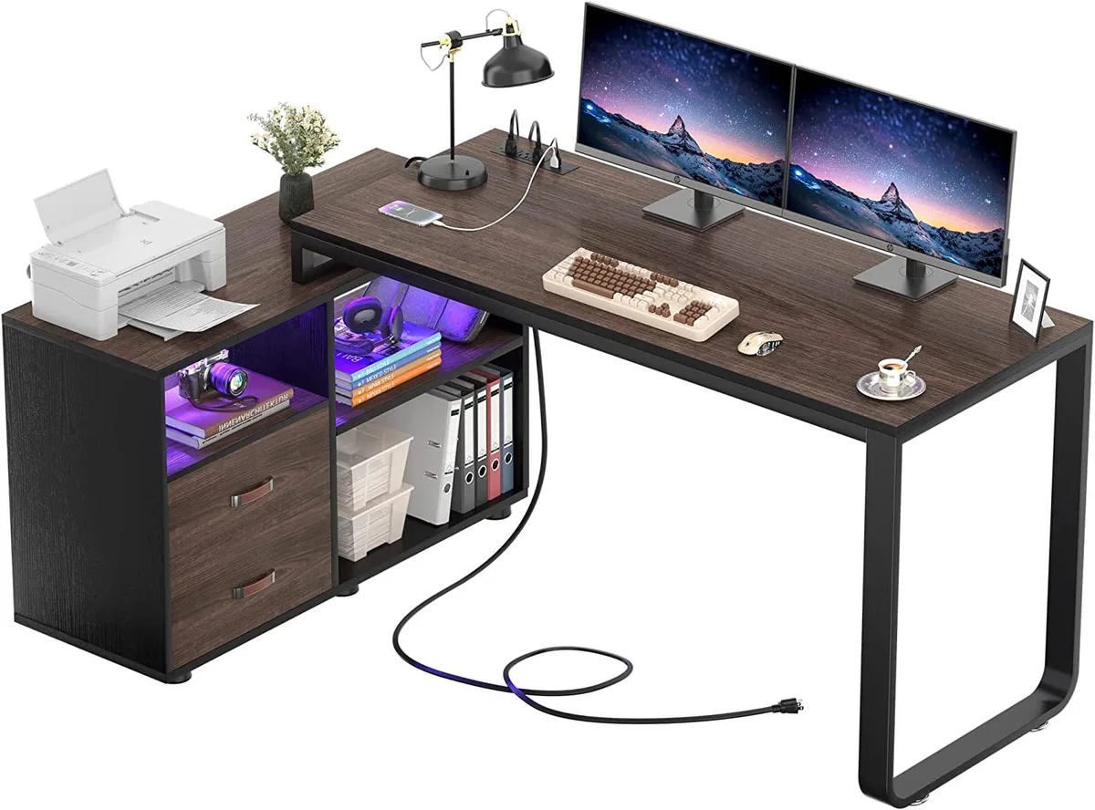 BFKK BFKK L-Shaped Desk 55 Inch Espresso with LED Strip, File Cabinet &amp; Power Outlet — product photo