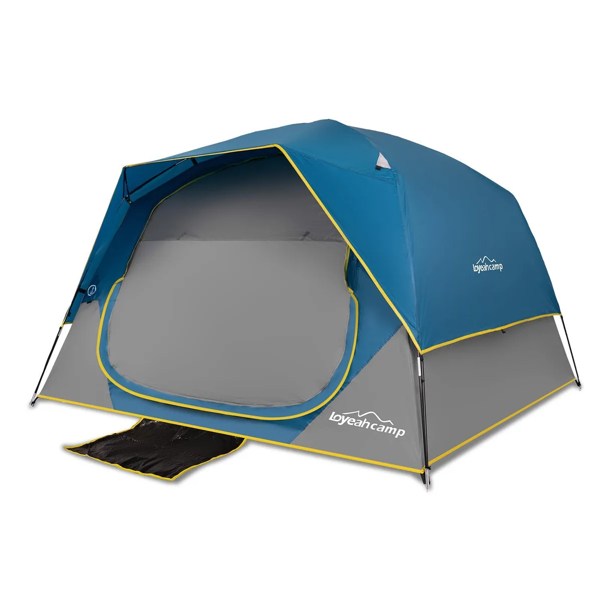 Deep blue 4-person dome tent with mesh roof and rainfly