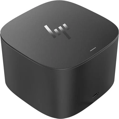 Compact black rectangular docking station with short USB-C tether cable